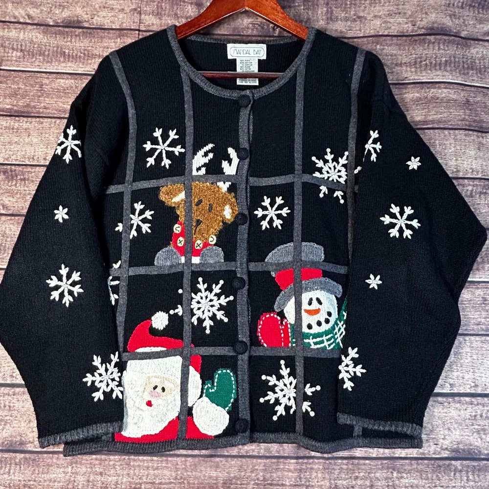 Mandal Bay Vintage Christmas Cardigan Sweater Santa Reindeer Snowman Black L